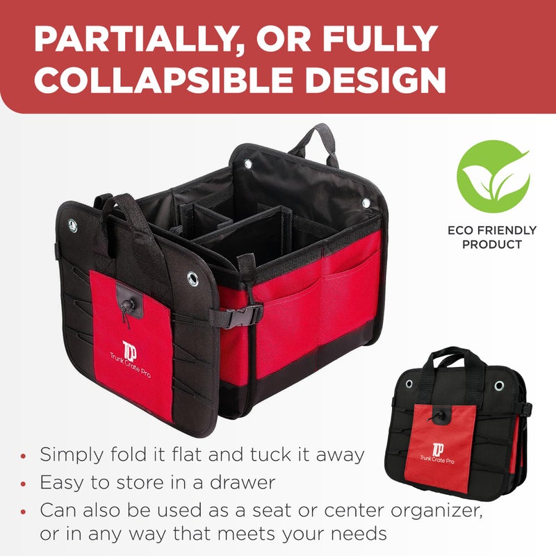 TRUNKCRATEPRO Red Car Accessories Trunk Organizer For Car, Suv Premium Multi Compartments Collapsible Portable Car Organizer For Women W 2 Adjustable straps, non-skid bottom (Large Capacity) - Image 5